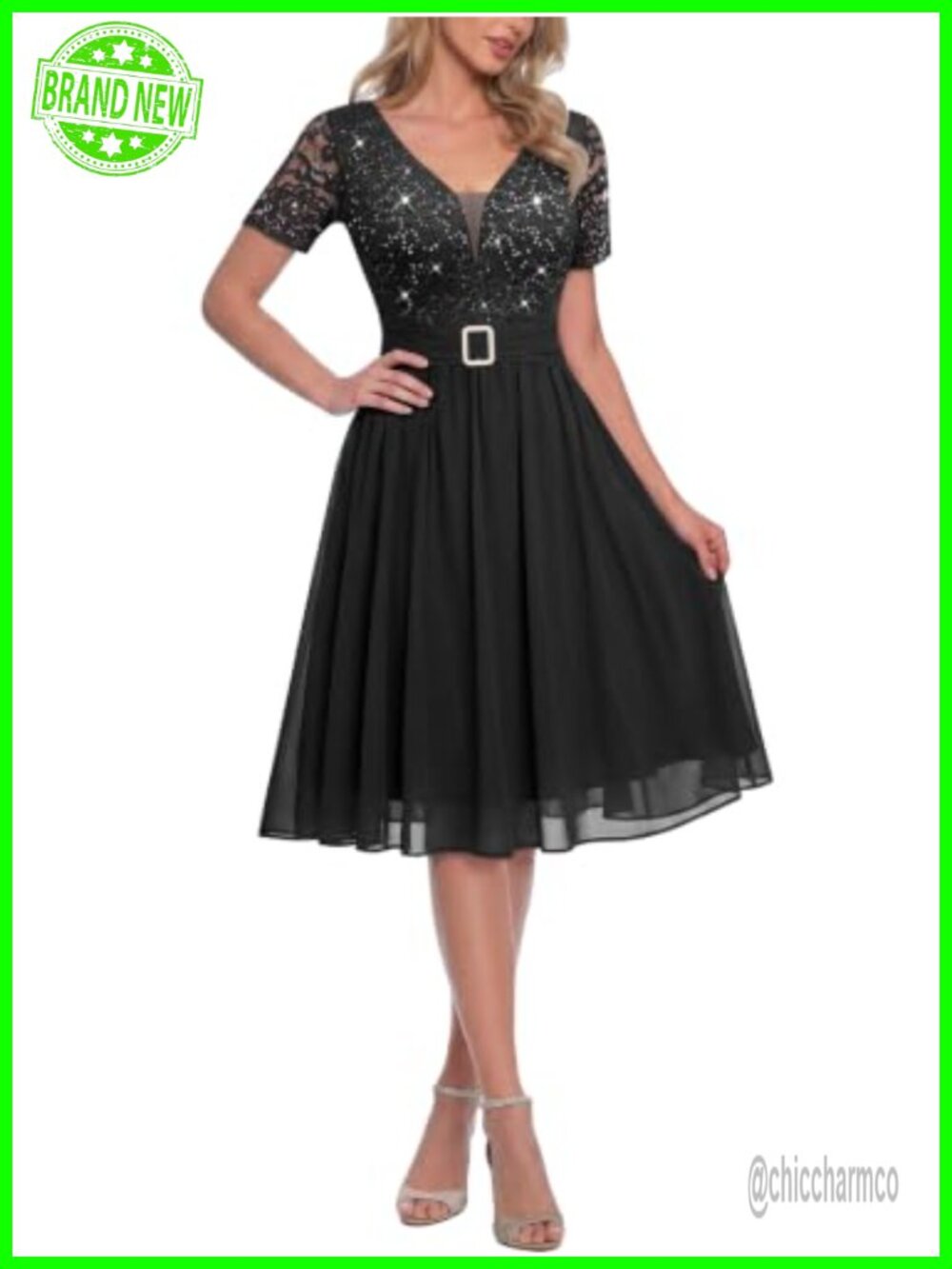 Miusol V-Neck Sequin Lace A-Line Midi Cocktail Party Dress Formal